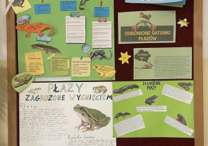 Tablica z plakatami zrobionymi w czasie zajęć.