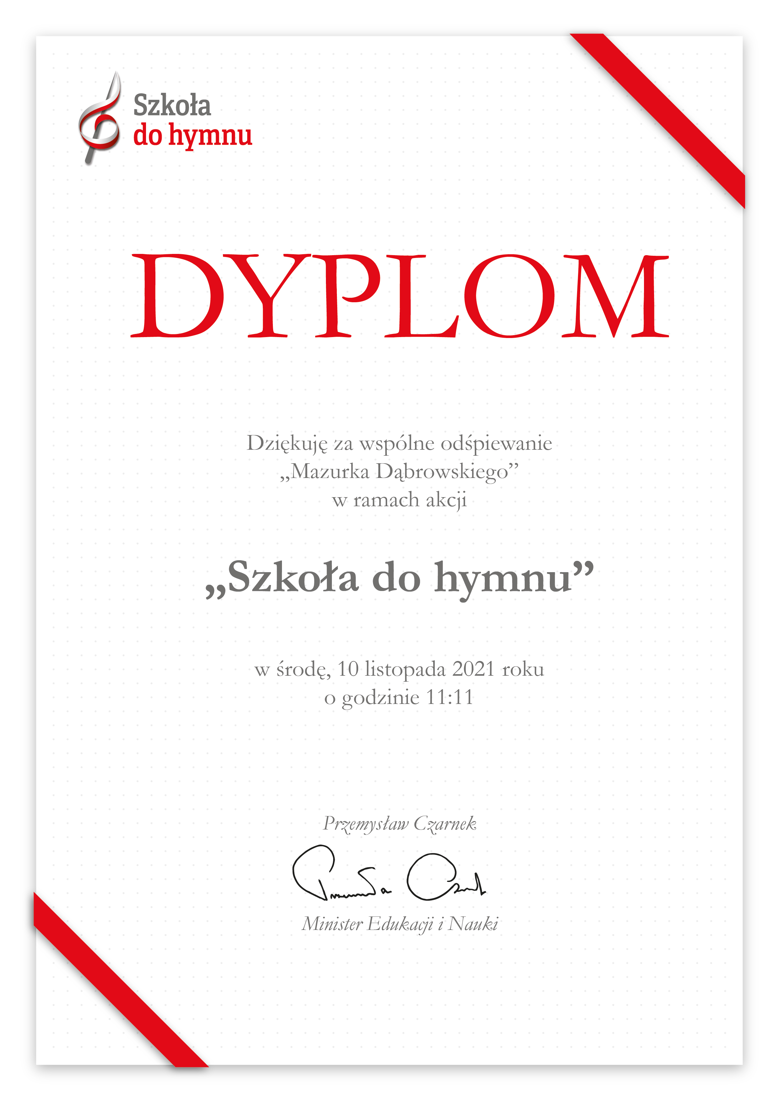 Dyplom za udział w akcji "Szkoła do Hymnu"