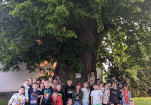 Pamiątkowe zdjęcie uczniów pod drzewem.
