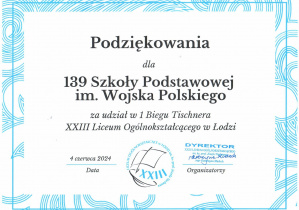 Podziękowanie dla Szkoły Podstawowej nr 139 za udział I Tischnera.