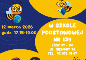 Plakat granatowy z żółtymi chmurkami zaproszenie na Drzwi Otwarte w SP139