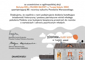 Dyplom dla Szkoły Podstawowej nr 139 im. Wojska Polskiego w Łodzi za uczestnictwo w ogólnopolskiej akcji BohaterON x MŁODE GŁOWY w Twojej Szkole 2024 upamiętniającej 80. rocznicę wybuchu Powstania Warszawskiego.